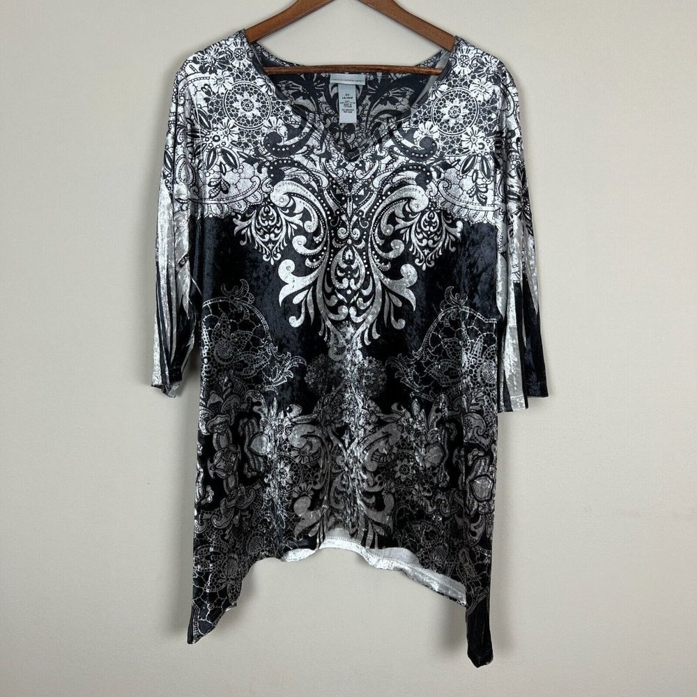 Catherines Tunic Top Womens 0X Gray Velvet Studded Floral 3/4 Sleeve Blouse